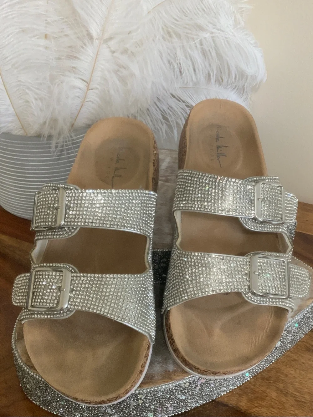 Nicole Miller Silver Crystal Embellished Cork Platform Sandals